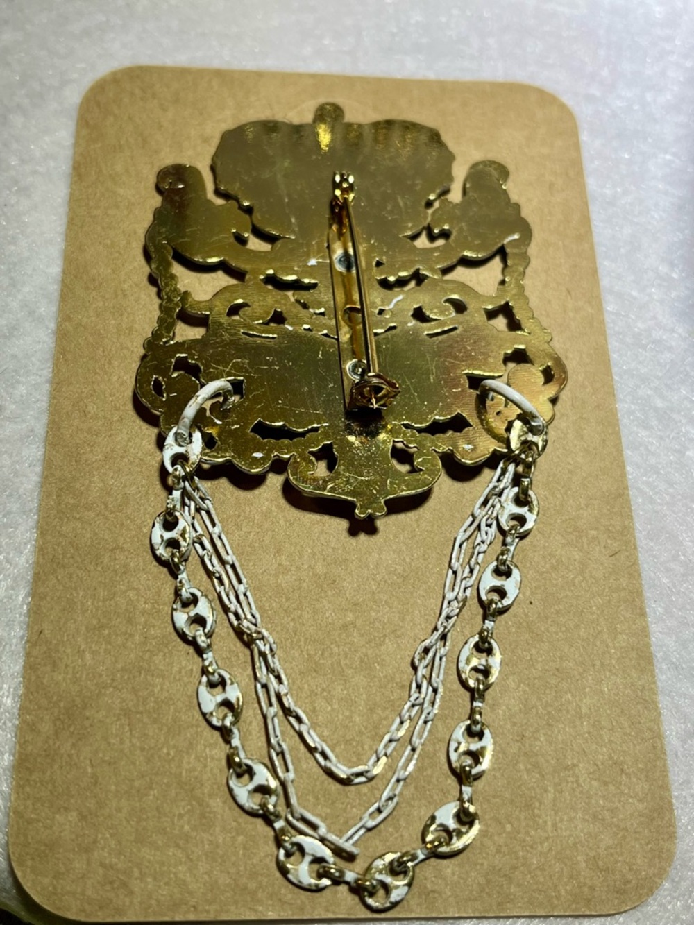 White Enamel & Gold Heraldic Crown Crest Chatelaine Brooch Triple Swag Chain - Picture 4 of 6